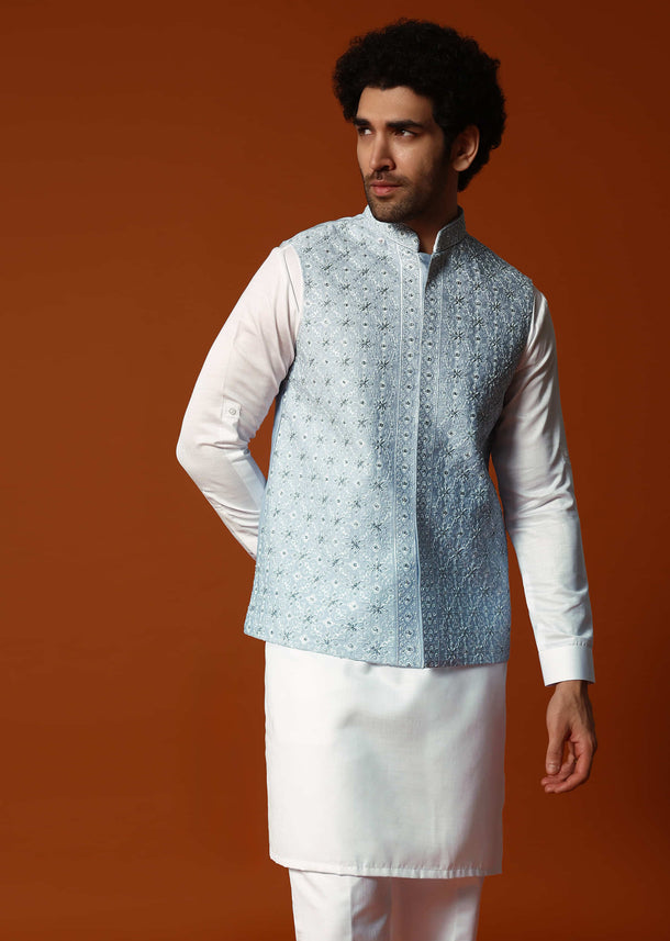 Sky Blue Silk Kurta Jacket Set In Resham Work For Men