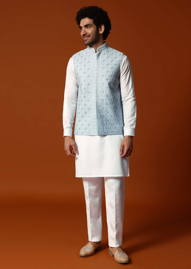 Sky Blue Silk Kurta Jacket Set In Resham Work For Men