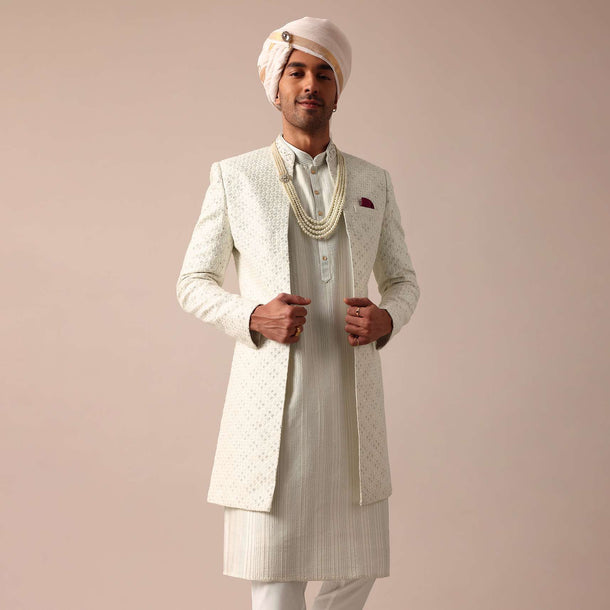 Sky Blue Silk Sherwani Set With Intricate Embroidery