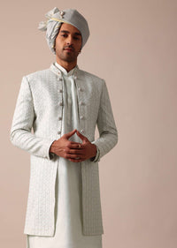 Sky Blue Silk Sherwani With Exquisite All-Over Embroidery