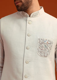 Sky Blue Zardosi Embroidered Jacket Kurta Set In Linen