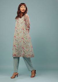 Sky Grey Pant-Kurta Set In Georgette