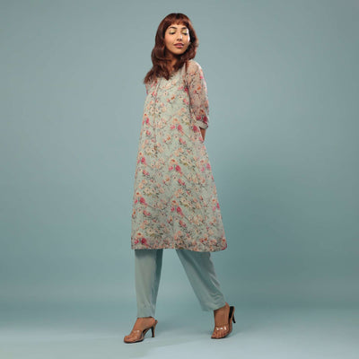 Sky Grey Pant-Kurta Set In Georgette
