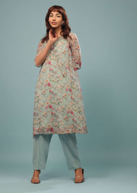 Sky Grey Pant-Kurta Set In Georgette