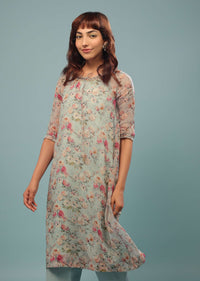 Sky Grey Pant-Kurta Set In Georgette