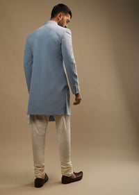 Skyway Blue Sherwani Set With Zardosi And Sequins Embroidered Floral Motifs And Off Centre Placket