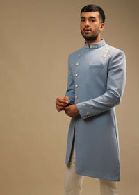 Skyway Blue Sherwani Set With Zardosi And Sequins Embroidered Floral Motifs And Off Centre Placket