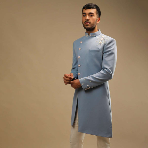 Skyway Blue Sherwani Set With Zardosi And Sequins Embroidered Floral Motifs And Off Centre Placket