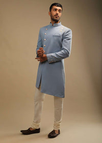 Skyway Blue Sherwani Set With Zardosi And Sequins Embroidered Floral Motifs And Off Centre Placket