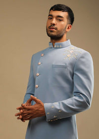 Skyway Blue Sherwani Set With Zardosi And Sequins Embroidered Floral Motifs And Off Centre Placket