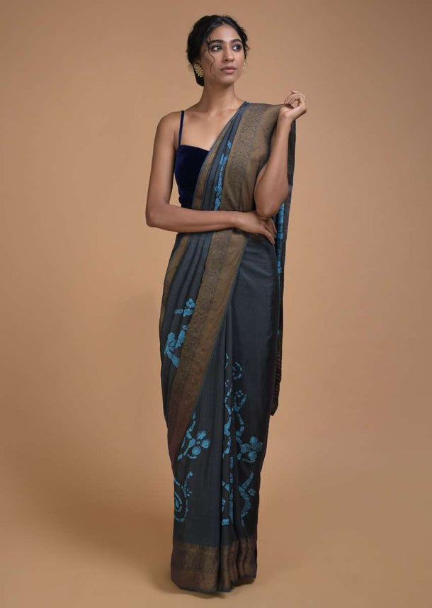 Slate Grey Saree In Cotton Silk With Batik Print In Floral And Checks Print Online - Kalki Fashion