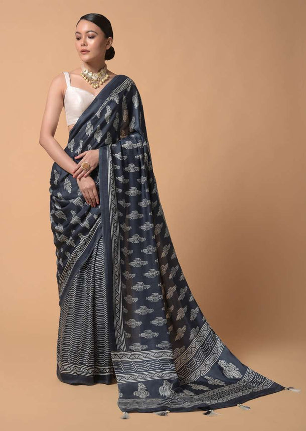 Slate Grey Saree In Satin Blend With Batik Print And Floral Printed Butti Online - Kalki Fashion