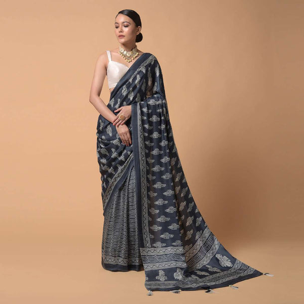 Slate Grey Saree In Satin Blend With Batik Print And Floral Printed Butti Online - Kalki Fashion