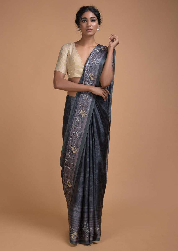 Slate Grey Saree In Satin Blend With Self Jaal Print Online - Kalki Fashion