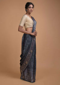 Slate Grey Saree In Satin Blend With Self Jaal Print Online - Kalki Fashion