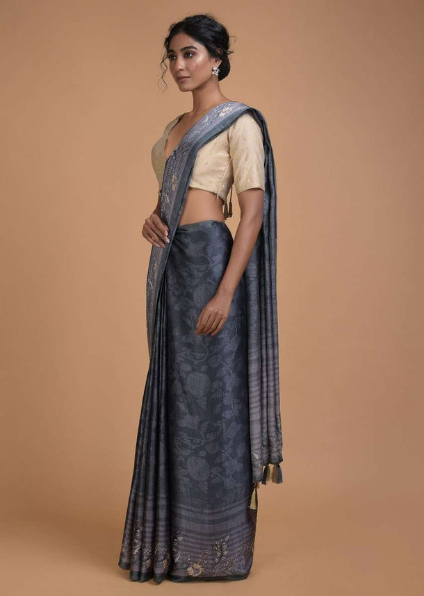 Slate Grey Saree In Satin Blend With Self Jaal Print Online - Kalki Fashion