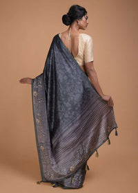 Slate Grey Saree In Satin Blend With Self Jaal Print Online - Kalki Fashion