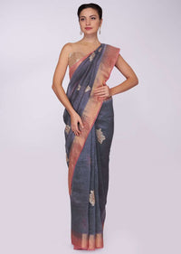 Slate grey saree with punch pink brocade border 