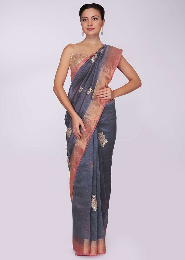 Slate grey saree with punch pink brocade border