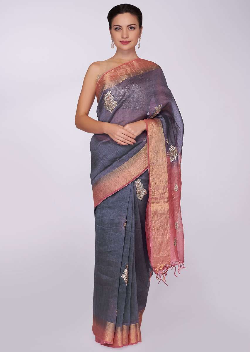 Slate grey saree with punch pink brocade border 