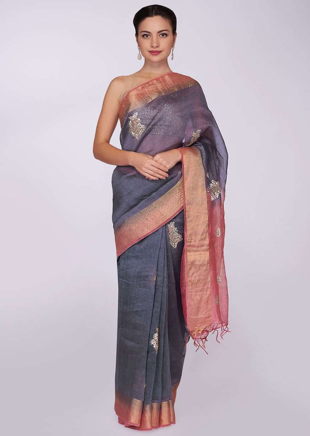 Slate grey saree with punch pink brocade border