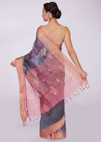 Slate grey saree with punch pink brocade border 