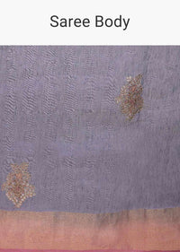 Slate grey saree with punch pink brocade border 