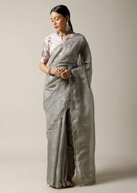 Smoke Grey Saree In Kota Silk With Gotta Patti Embroidered Buttis And Border Along With Printed Unstitched Blouse