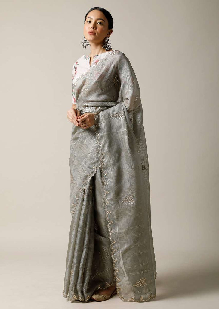 Smoke Grey Saree In Kota Silk With Gotta Patti Embroidered Buttis And Border Along With Printed Unstitched Blouse