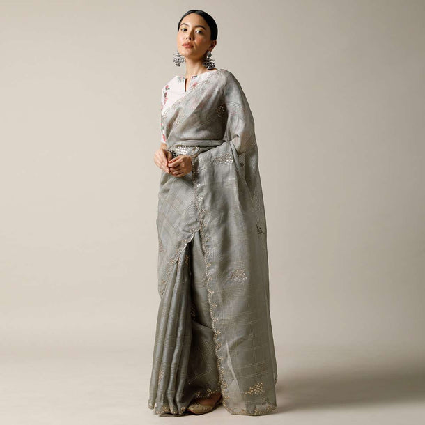 Smoke Grey Saree In Kota Silk With Gotta Patti Embroidered Buttis And Border Along With Printed Unstitched Blouse