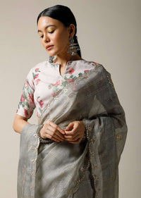 Smoke Grey Saree In Kota Silk With Gotta Patti Embroidered Buttis And Border Along With Printed Unstitched Blouse