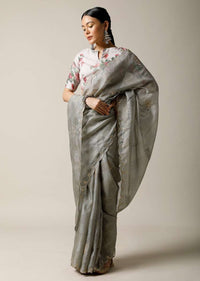 Smoke Grey Saree In Kota Silk With Gotta Patti Embroidered Buttis And Border Along With Printed Unstitched Blouse