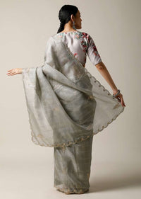 Smoke Grey Saree In Kota Silk With Gotta Patti Embroidered Buttis And Border Along With Printed Unstitched Blouse