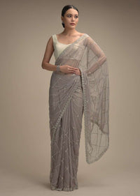 Smoke Grey Saree In Net With Stone And Zardosi Embellished Checks Design Online - Kalki Fashion