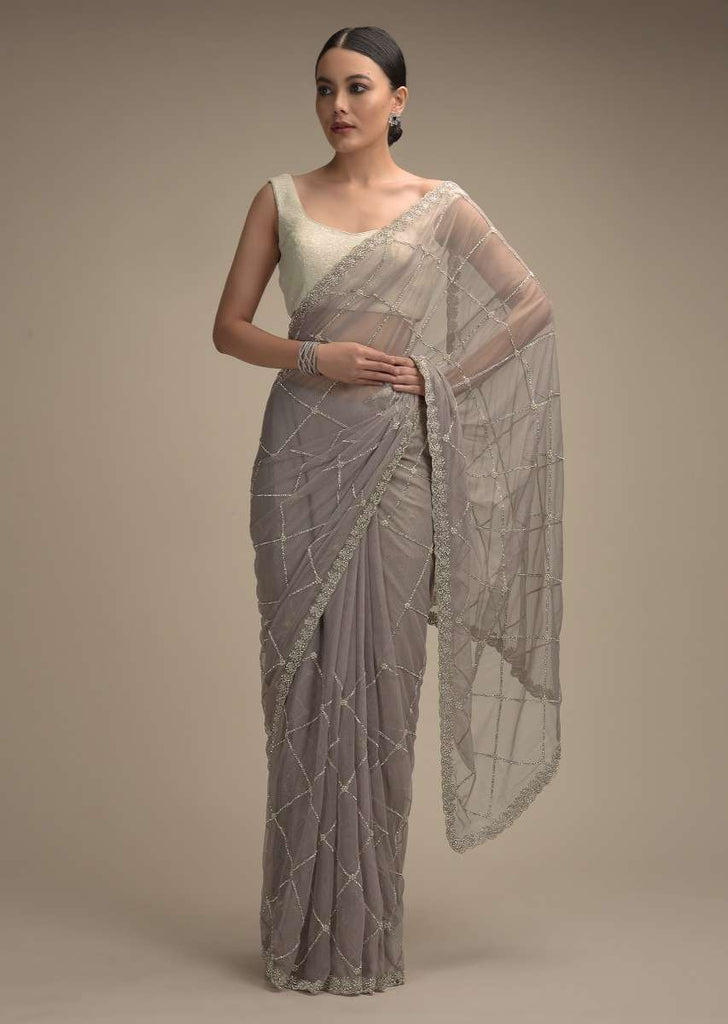 Smoke Grey Saree In Net With Stone And Zardosi Embellished Checks Design Online - Kalki Fashion