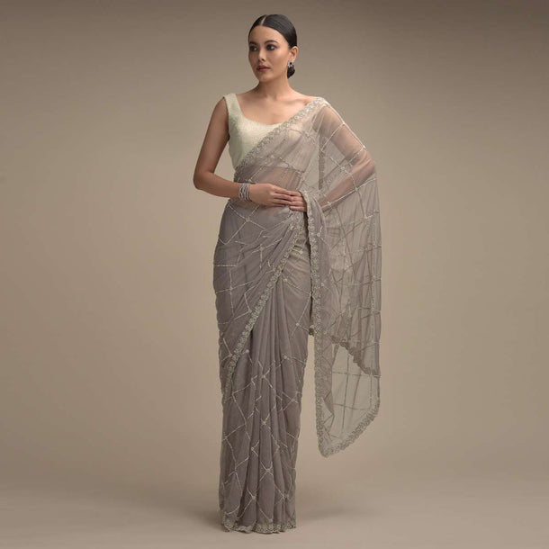 Smoke Grey Saree In Net With Stone And Zardosi Embellished Checks Design Online - Kalki Fashion