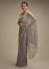 Smoke Grey Saree In Net With Stone And Zardosi Embellished Checks Design Online - Kalki Fashion