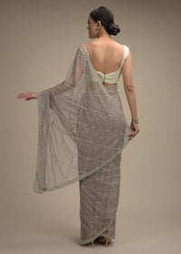 Smoke Grey Saree In Net With Stone And Zardosi Embellished Checks Design Online - Kalki Fashion