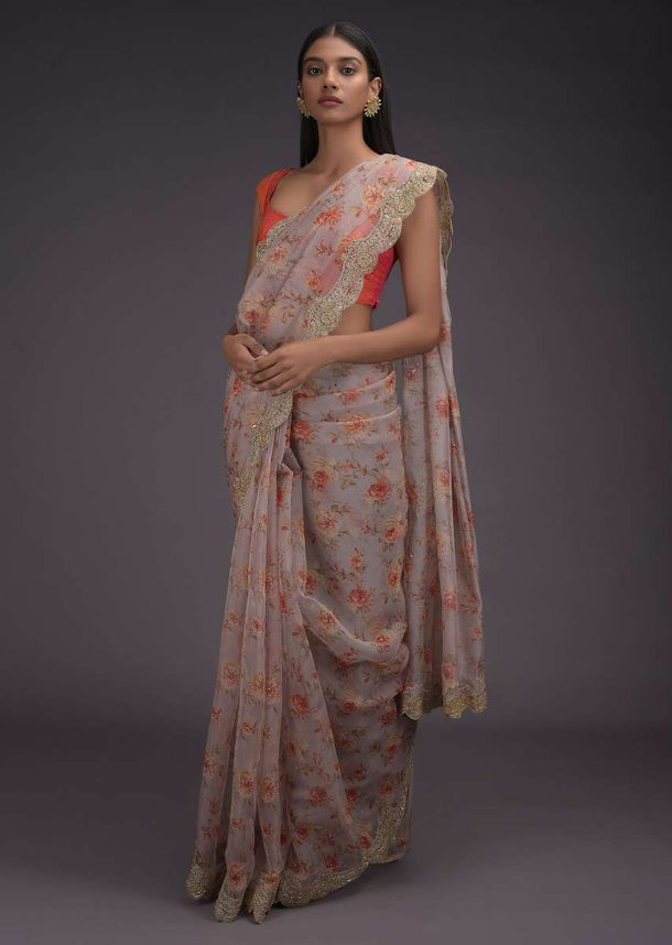 Smoke Grey Saree In Organza With Printed Floral Pattern And Scalloped Zari Lace Border Online - Kalki Fashion