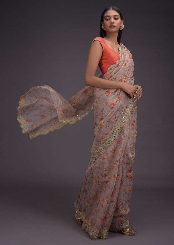 Smoke Grey Saree In Organza With Printed Floral Pattern And Scalloped Zari Lace Border Online - Kalki Fashion