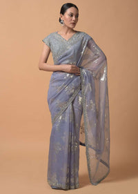 Smoke Purple Saree In Organza With Foil Woven Floral Buttis And A Cut Dana Embellished Blouse Online - Kalki Fashion