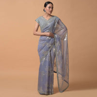 Smoke Purple Saree In Organza With Foil Woven Floral Buttis And A Cut Dana Embellished Blouse Online - Kalki Fashion