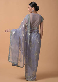 Smoke Purple Saree In Organza With Foil Woven Floral Buttis And A Cut Dana Embellished Blouse Online - Kalki Fashion