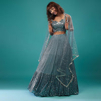 Airforce Blue Embroidered Lehenga Set In Chinon