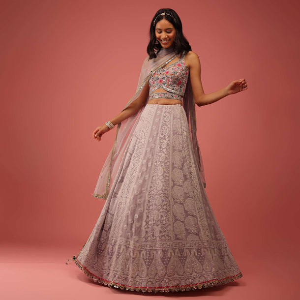 Lavender Purple Lehenga Choli With Lucknowi Thread Work And Multicolor Resham And Mirror Accents