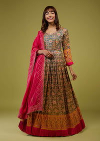 Forest Green With Ocher Yellow Patola Print Anarkali Set In Cotton Silk