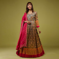 Forest Green With Ocher Yellow Patola Print Anarkali Set In Cotton Silk