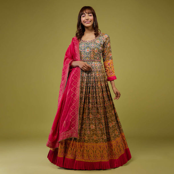 Forest Green With Ocher Yellow Patola Print Anarkali Set In Cotton Silk