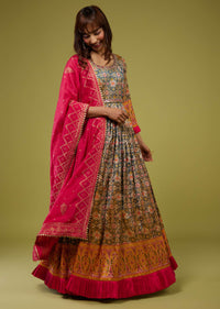 Forest Green With Ocher Yellow Patola Print Anarkali Set In Cotton Silk