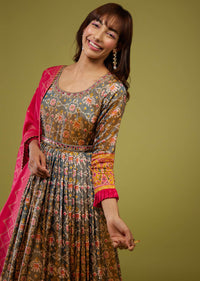 Forest Green With Ocher Yellow Patola Print Anarkali Set In Cotton Silk